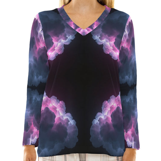 Women's Loose V-Neck T-Shirt With Long Sleeve