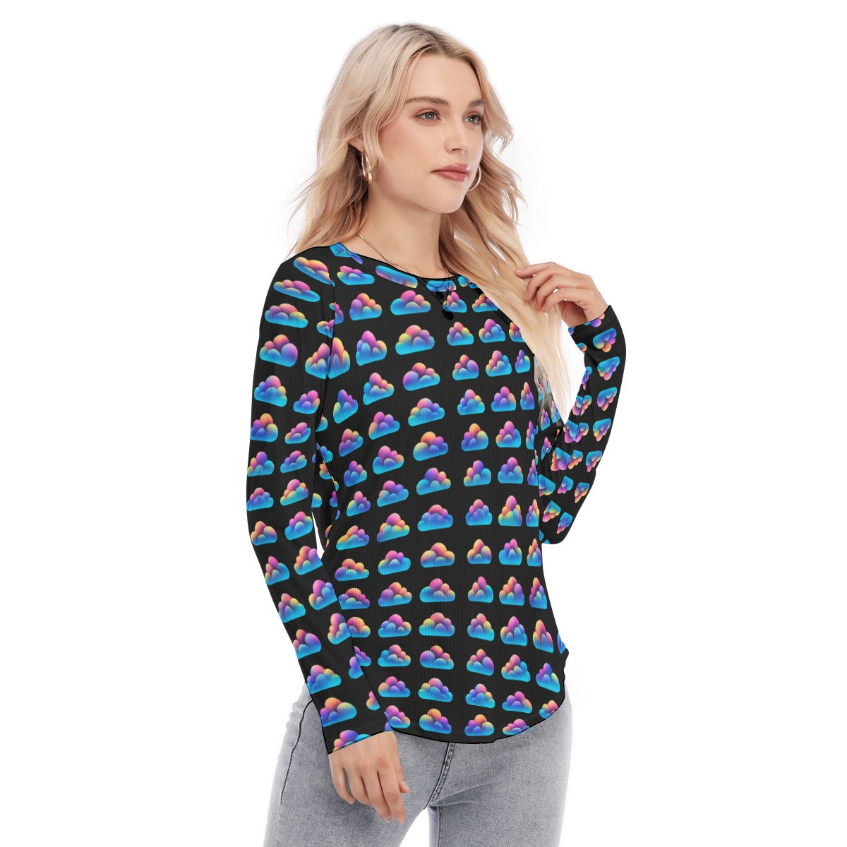 Women's Raglan Sleeves U-Shaped Hem Long Sleeves Blouse
