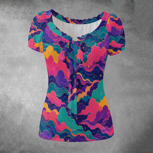 All-over print Women's Puff Sleeve Pleated Shirt