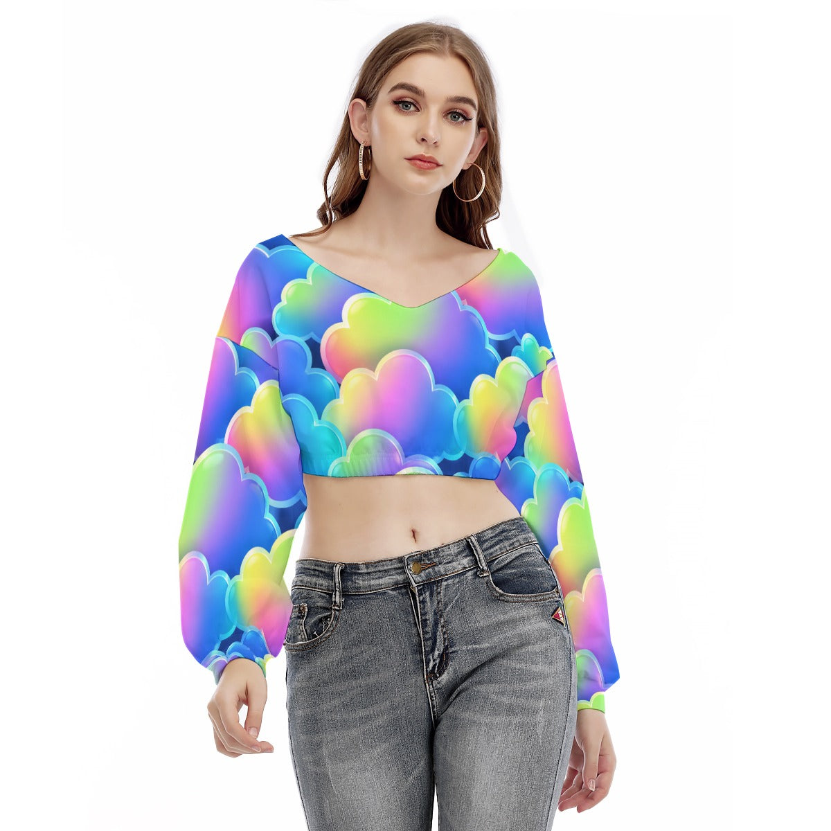 Women's V-neck Long Sleeve Cropped Sweatshirt