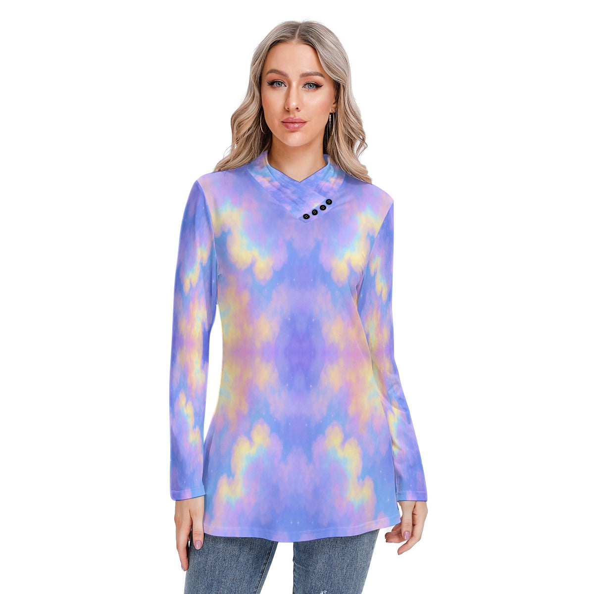 Women's Long-sleeved Heap-neck Slim Casual Tunic Blouse