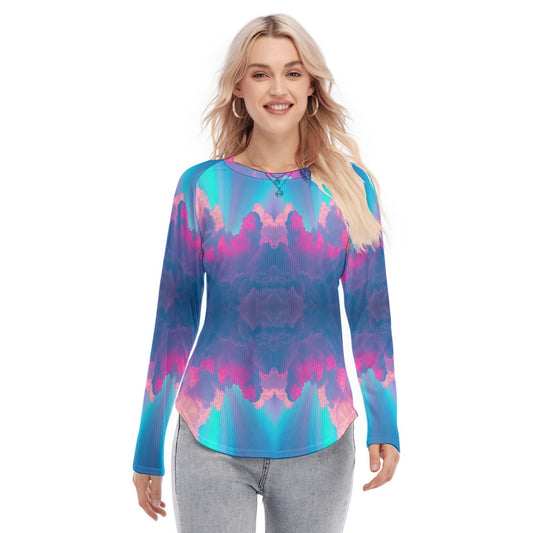 Women's Raglan Sleeves U-Shaped Hem Long Sleeves Blouse