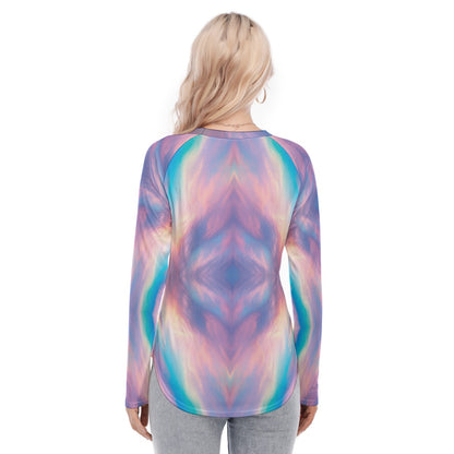 Women's Raglan Sleeves U-Shaped Hem Long Sleeves Blouse