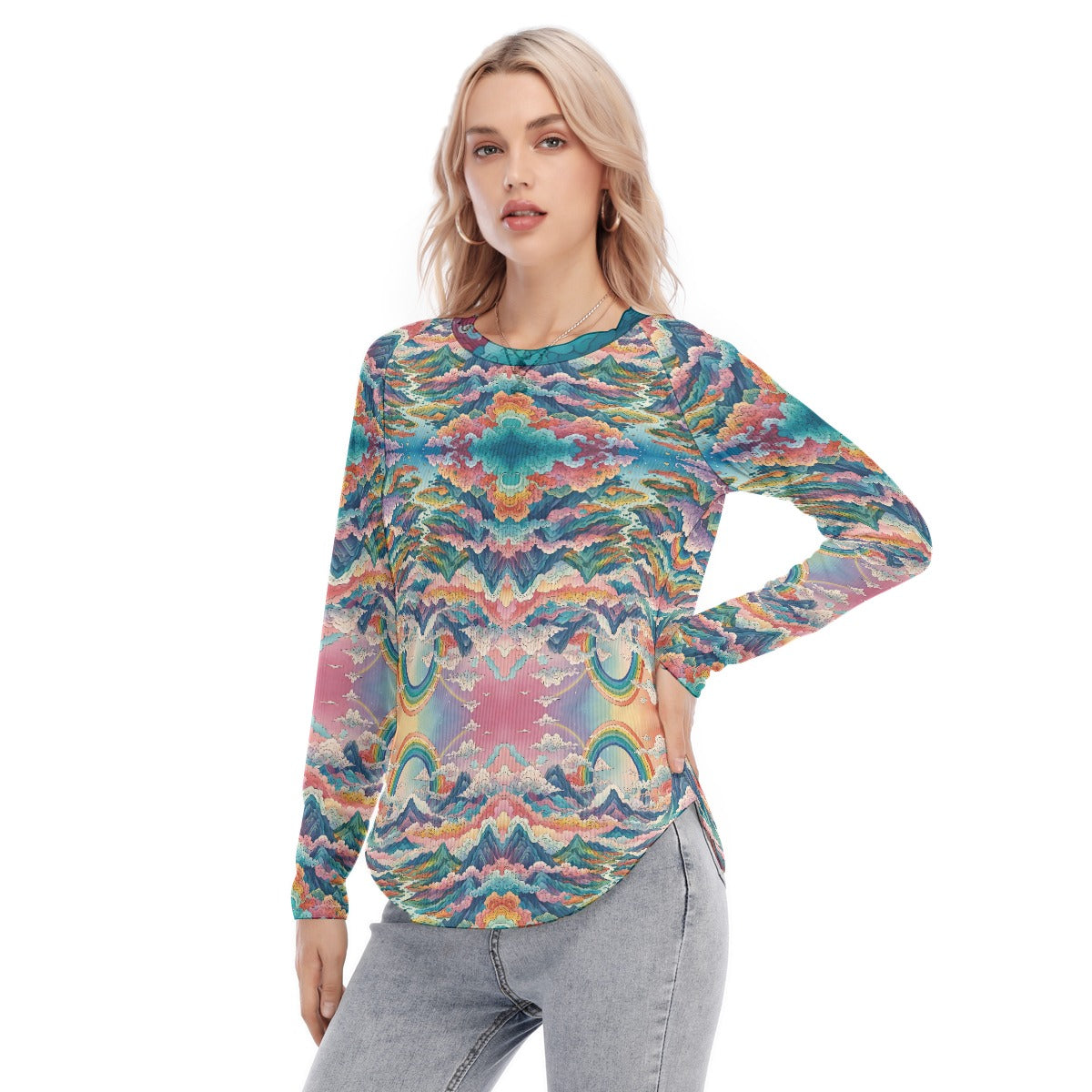 Women's Raglan Sleeves U-Shaped Hem Long Sleeves Blouse