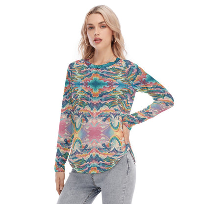 Women's Raglan Sleeves U-Shaped Hem Long Sleeves Blouse