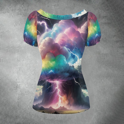 All-over print Women's Puff Sleeve Pleated Shirt