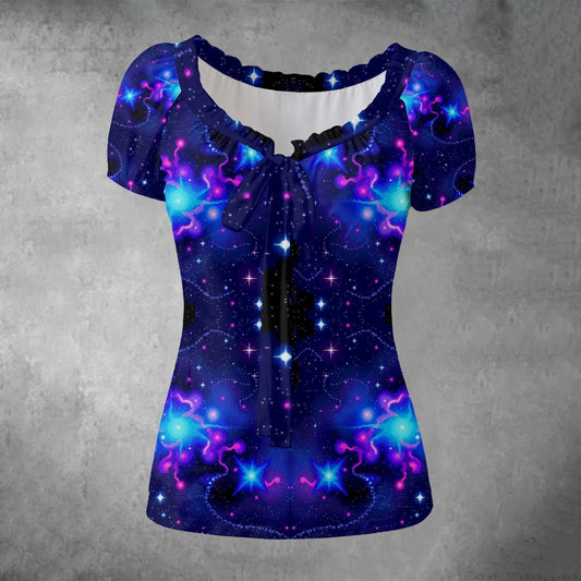 All-over print Women's Puff Sleeve Pleated Shirt