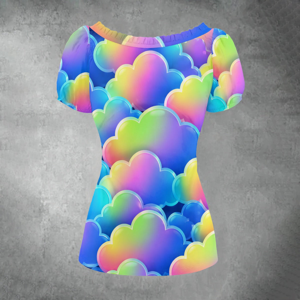 All-over print Women's Puff Sleeve Pleated Shirt