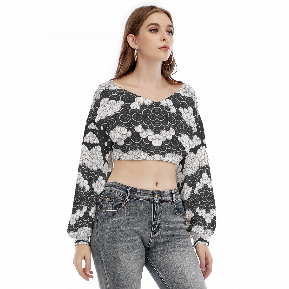Women's V-neck Long Sleeve Cropped Sweatshirt