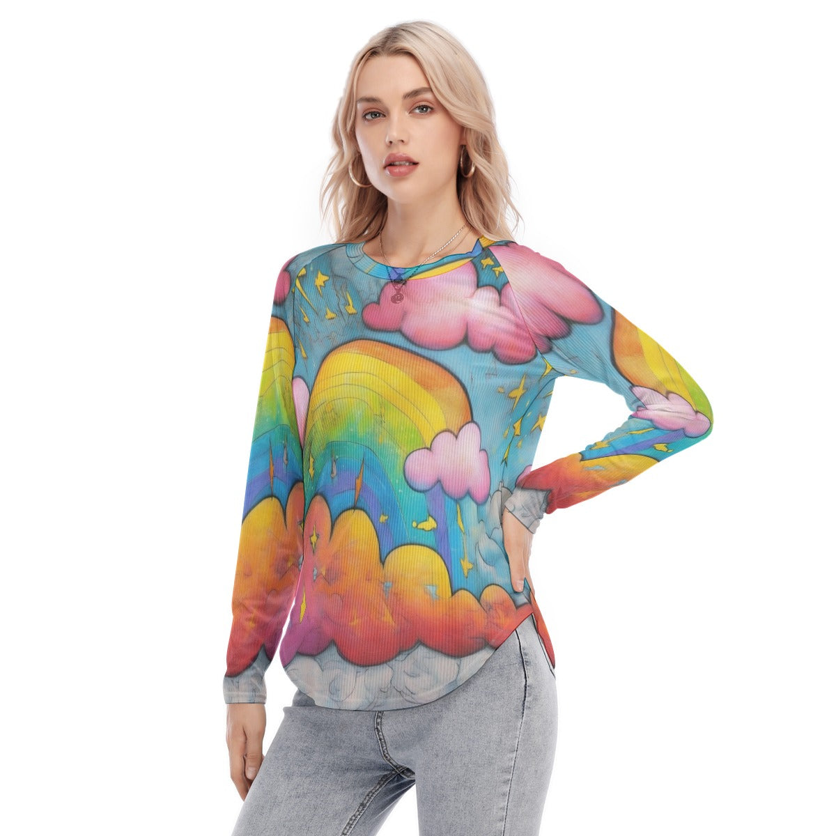 Women's Raglan Sleeves U-Shaped Hem Long Sleeves Blouse