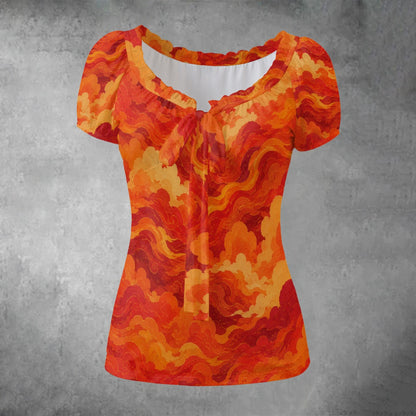 All-over print Women's Puff Sleeve Pleated Shirt