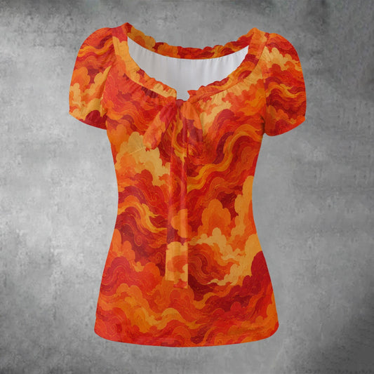 All-over print Women's Puff Sleeve Pleated Shirt