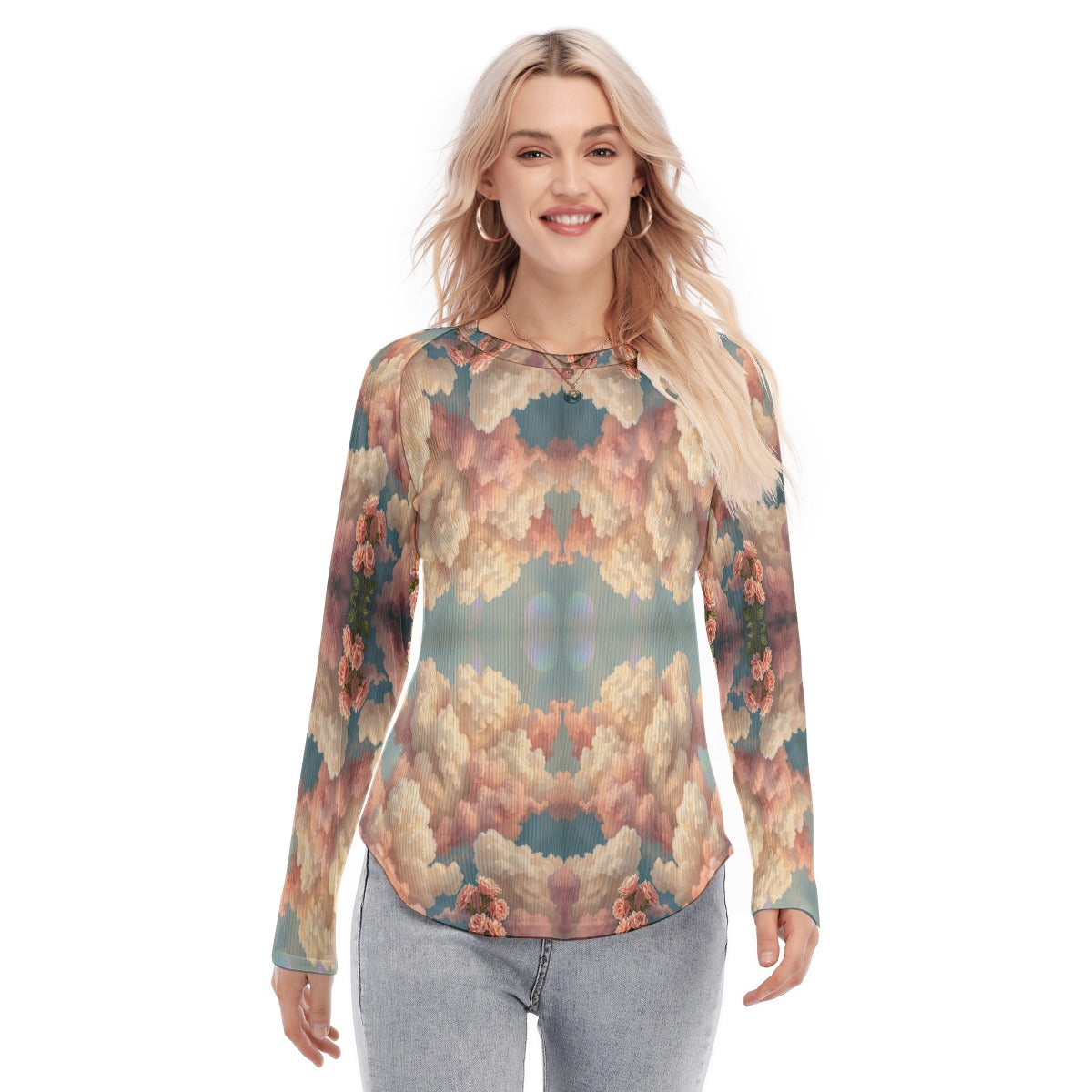 Women's Raglan Sleeves U-Shaped Hem Long Sleeves Blouse