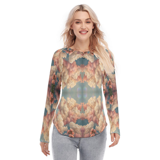 Women's Raglan Sleeves U-Shaped Hem Long Sleeves Blouse