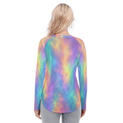 Women's Raglan Sleeves U-Shaped Hem Long Sleeves Blouse