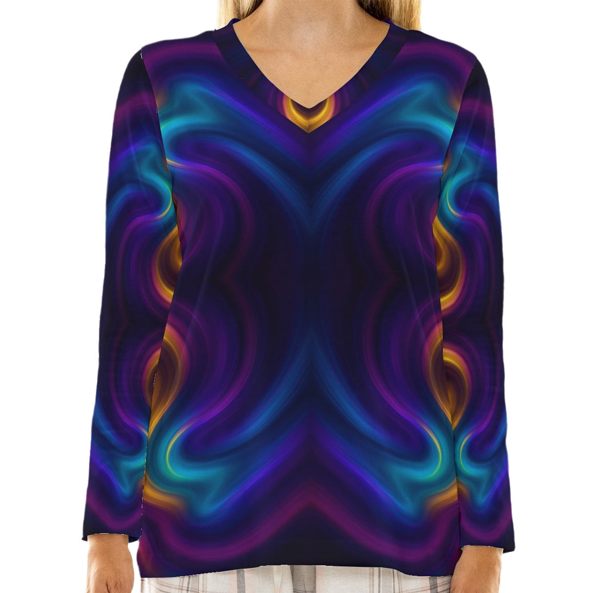 Women's Loose V-Neck T-Shirt With Long Sleeve