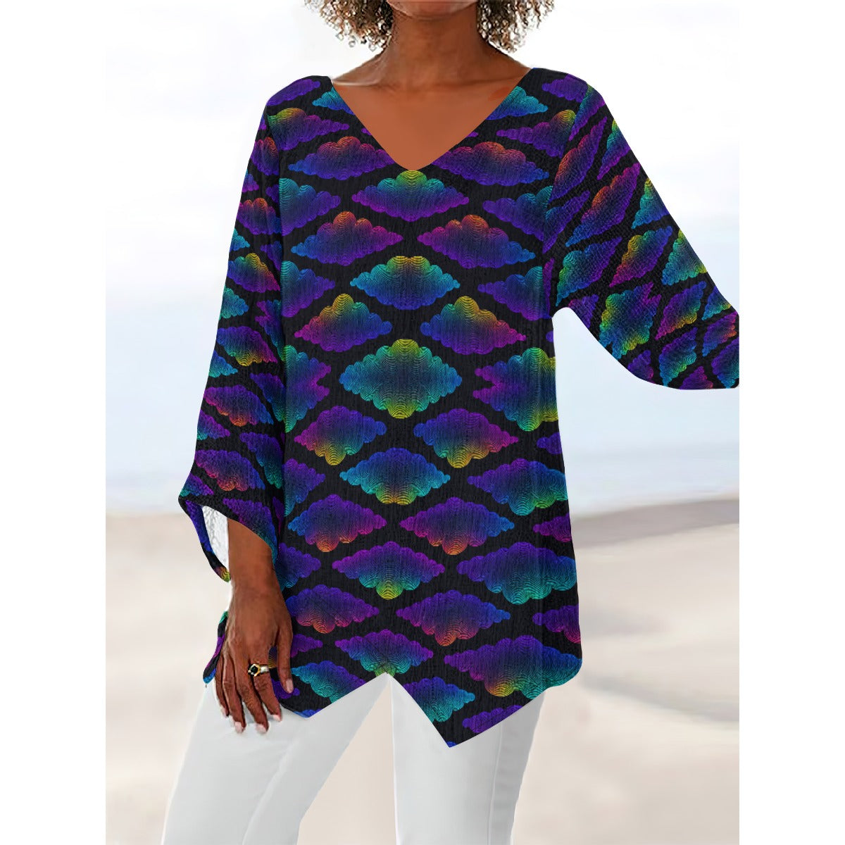 Women's V-neck T-shirt With Irregular Hem