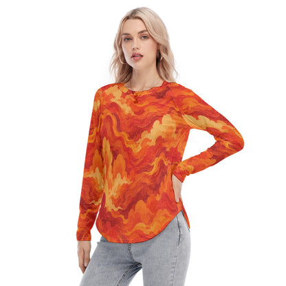 Women's Raglan Sleeves U-Shaped Hem Long Sleeves Blouse