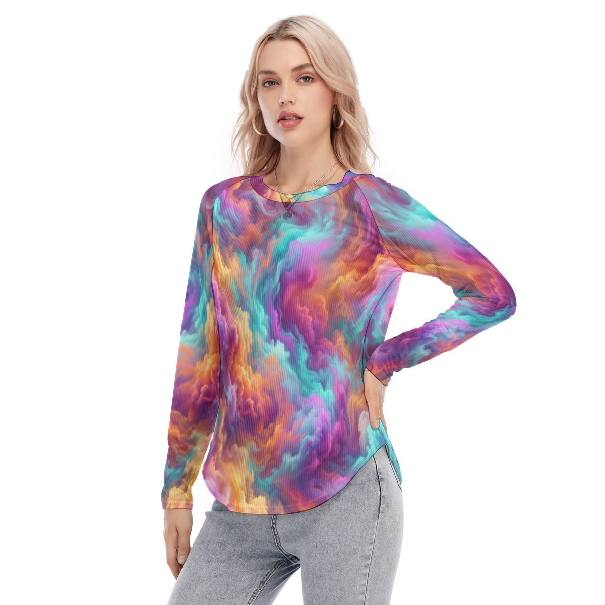 Women's Raglan Sleeves U-Shaped Hem Long Sleeves Blouse