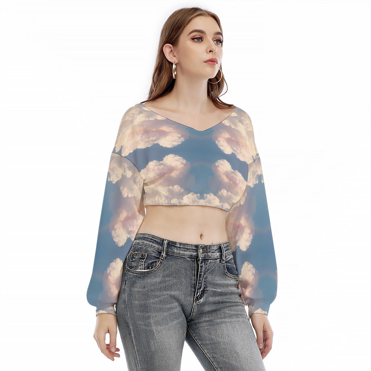 Women's V-neck Long Sleeve Cropped Sweatshirt