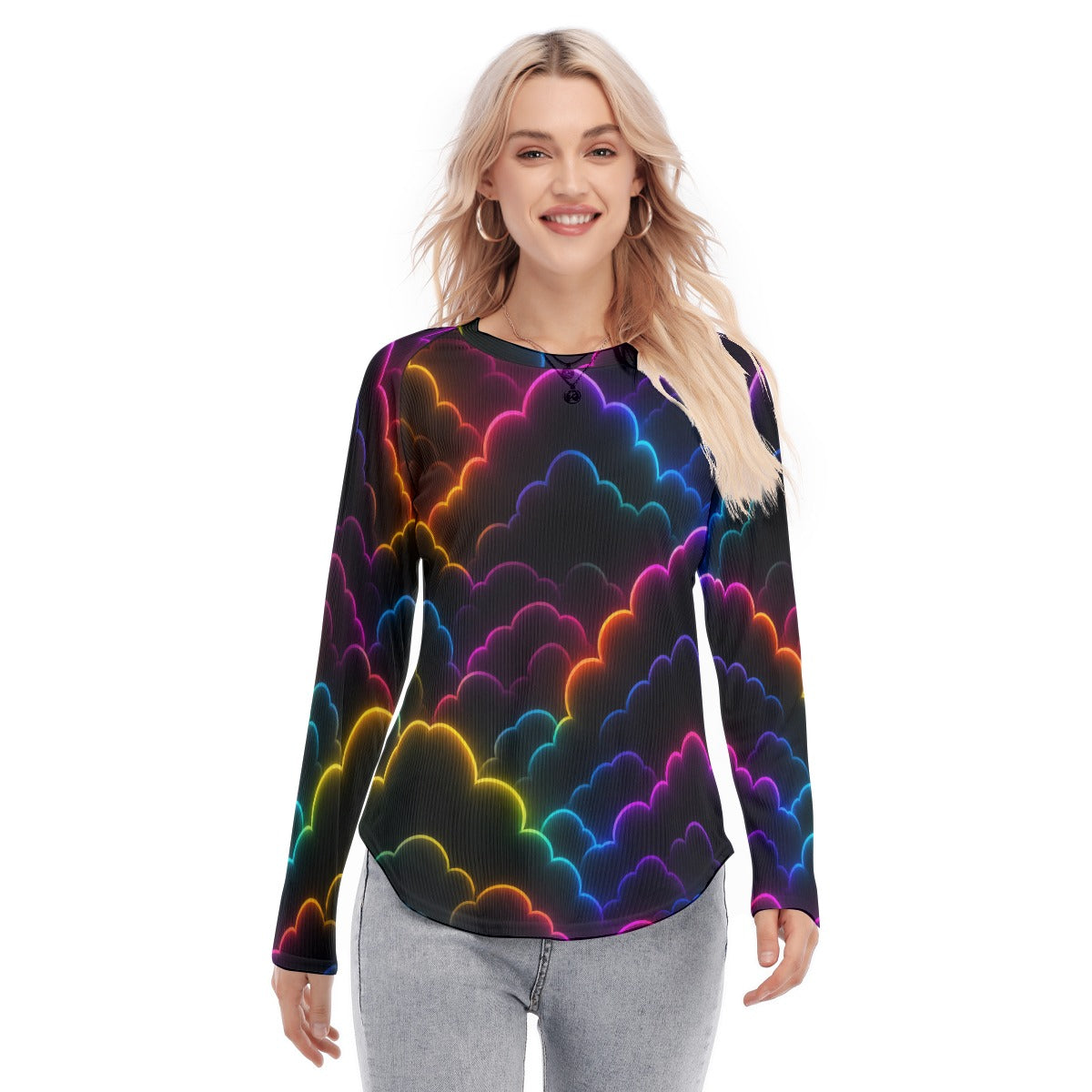 Women's Raglan Sleeves U-Shaped Hem Long Sleeves Blouse