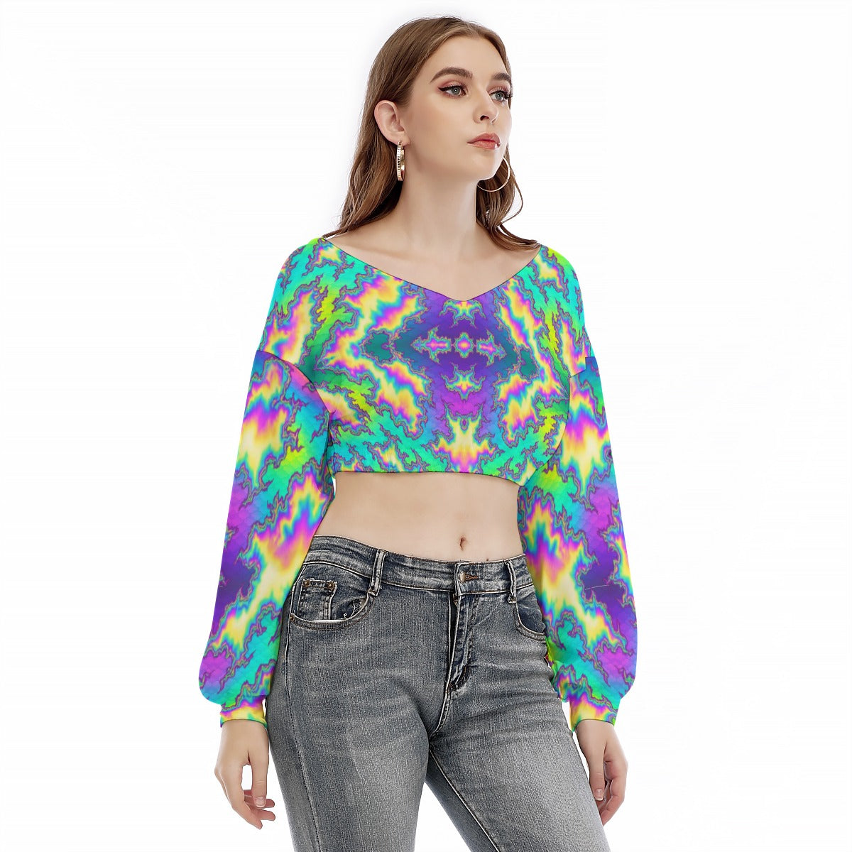 Women's V-neck Long Sleeve Cropped Sweatshirt