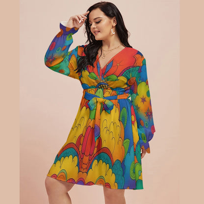 Women's V-neck Dress With Waistband(Plus Size)