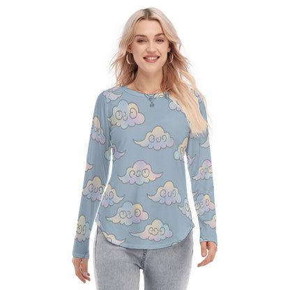Women's Raglan Sleeves U-Shaped Hem Long Sleeves Blouse