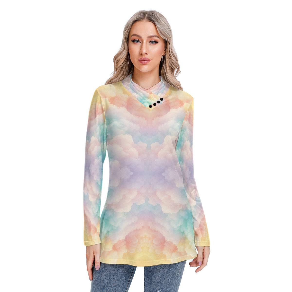 Women's Long-sleeved Heap-neck Slim Casual Tunic Blouse