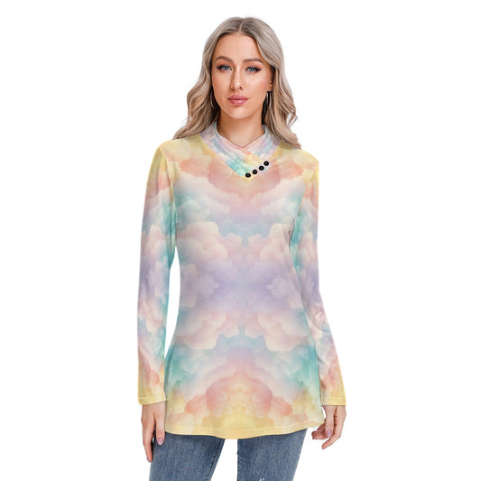 Women's Long-sleeved Heap-neck Slim Casual Tunic Blouse