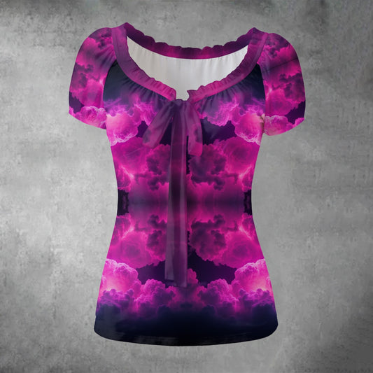 All-over print Women's Puff Sleeve Pleated Shirt
