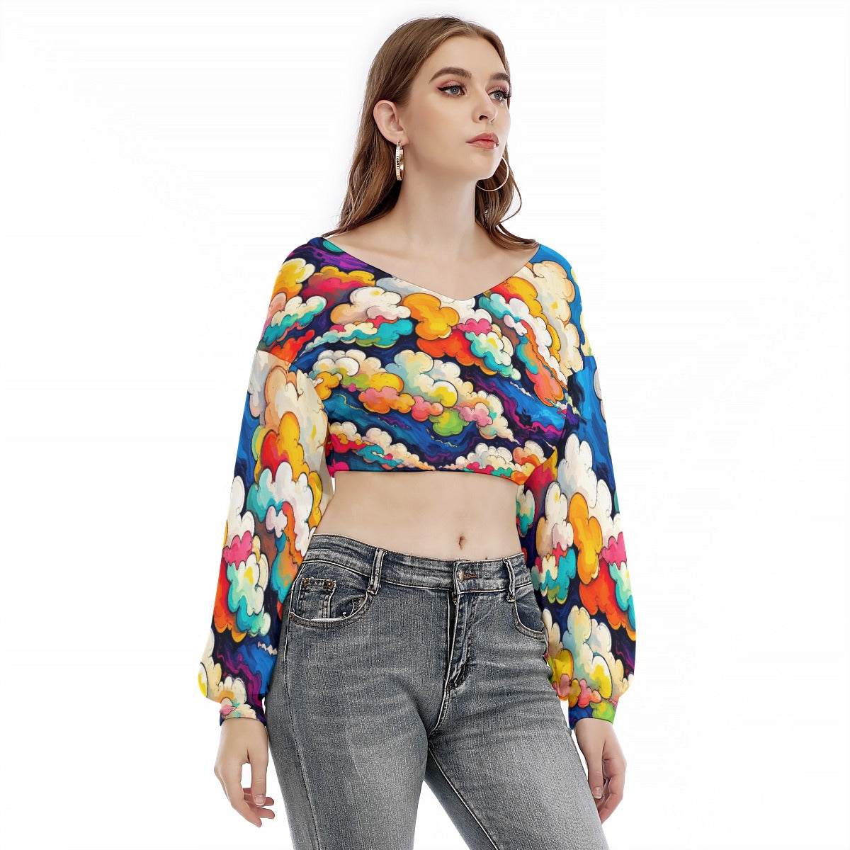 Women's V-neck Long Sleeve Cropped Sweatshirt