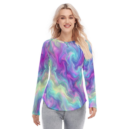 Women's Raglan Sleeves U-Shaped Hem Long Sleeves Blouse