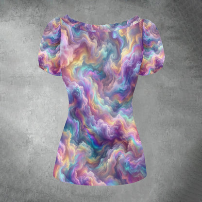 All-over print Women's Puff Sleeve Pleated Shirt