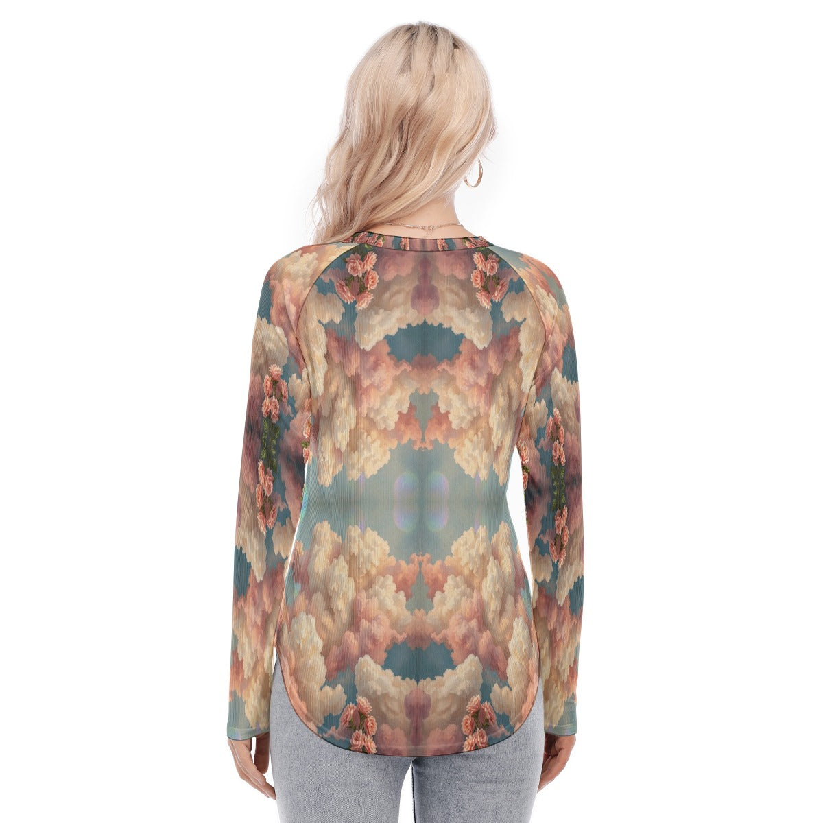 Women's Raglan Sleeves U-Shaped Hem Long Sleeves Blouse