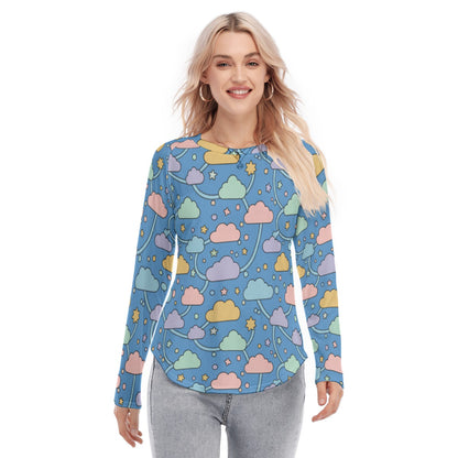 Women's Raglan Sleeves U-Shaped Hem Long Sleeves Blouse