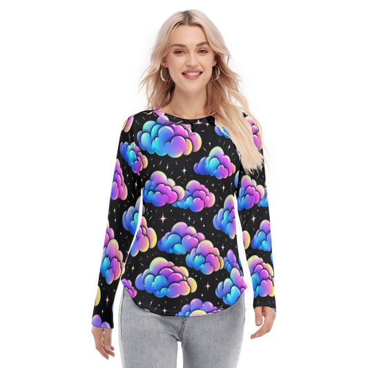 Women's Raglan Sleeves U-Shaped Hem Long Sleeves Blouse