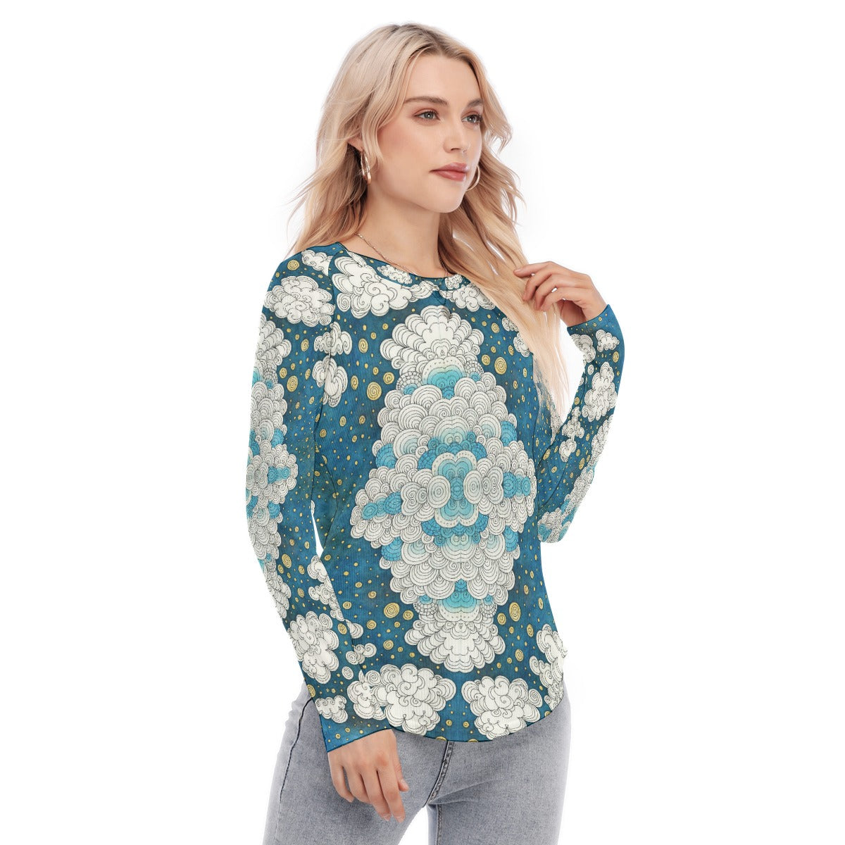 Women's Raglan Sleeves U-Shaped Hem Long Sleeves Blouse