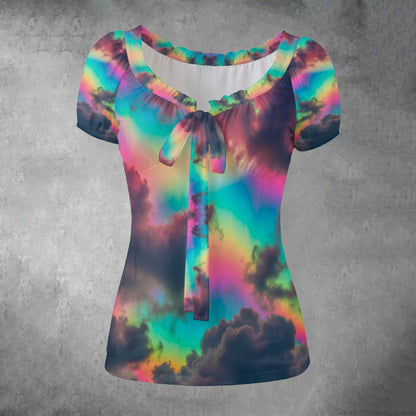 All-over print Women's Puff Sleeve Pleated Shirt