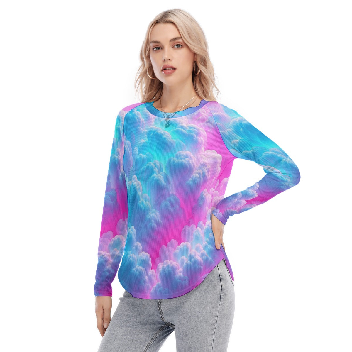 Women's Raglan Sleeves U-Shaped Hem Long Sleeves Blouse