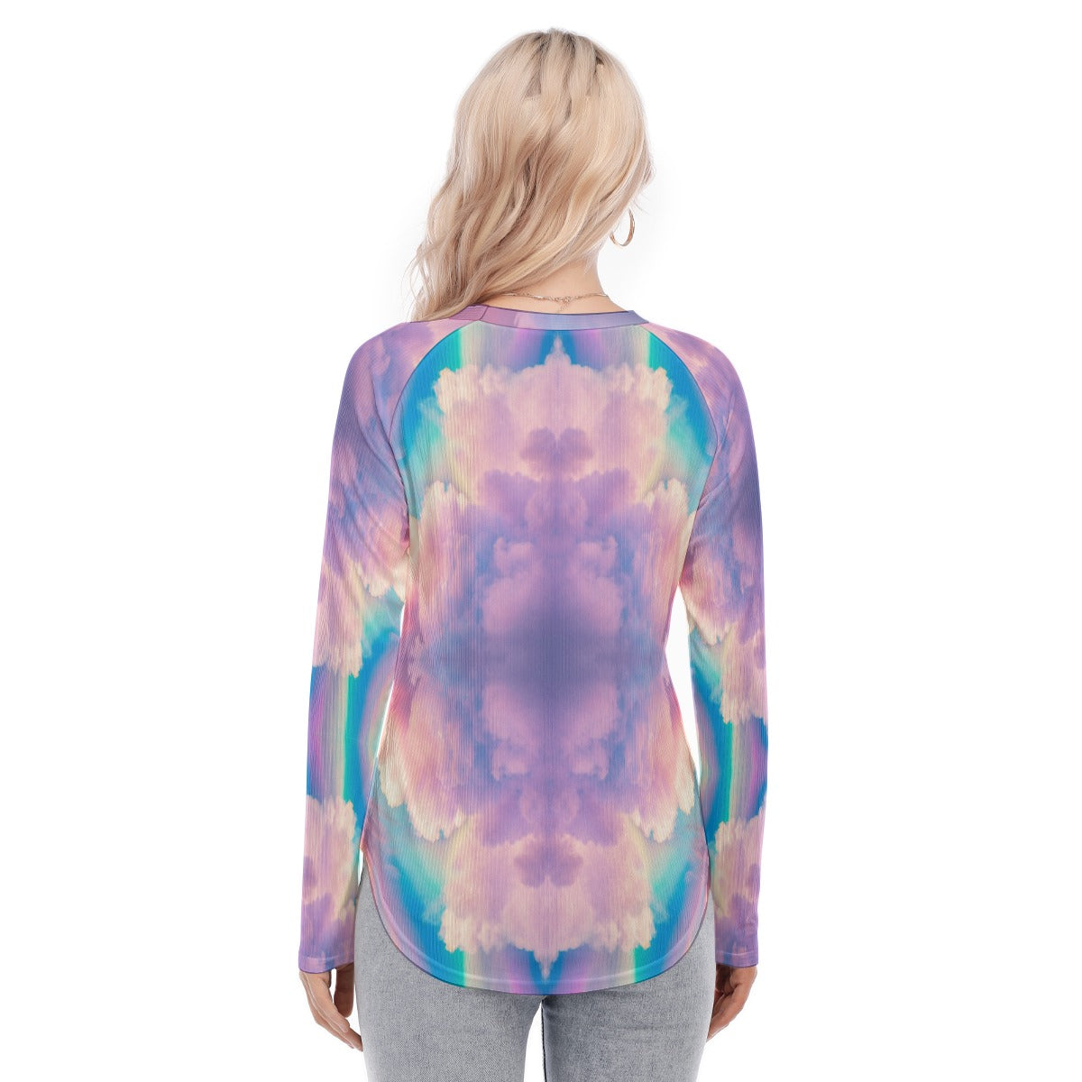 Women's Raglan Sleeves U-Shaped Hem Long Sleeves Blouse