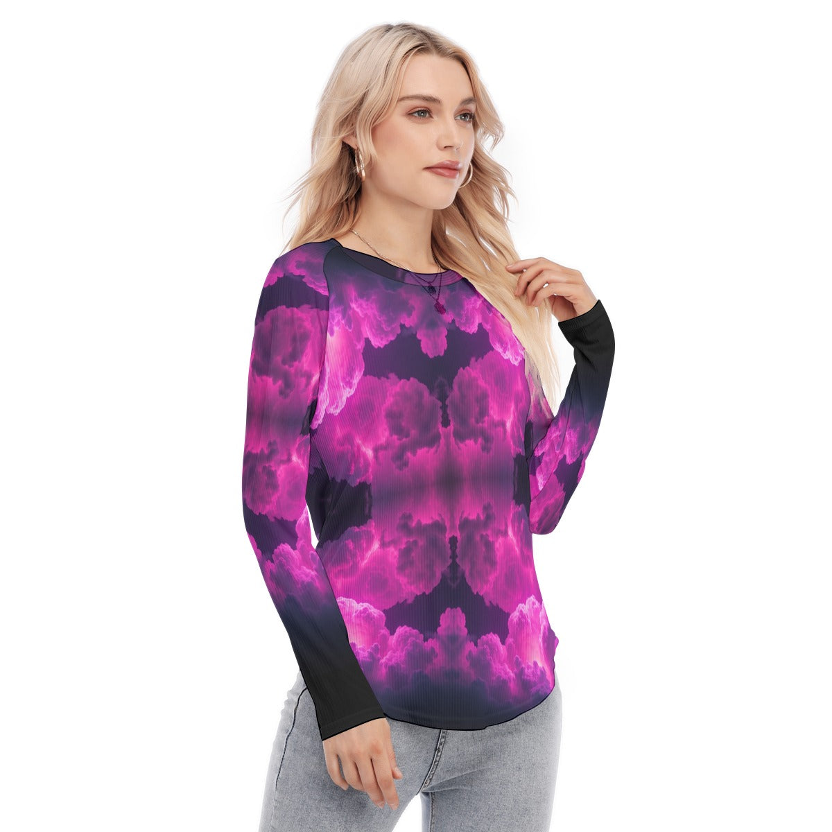 Women's Raglan Sleeves U-Shaped Hem Long Sleeves Blouse
