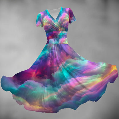 All-over Print Women's Short Sleeve V Neck Midi Dress
