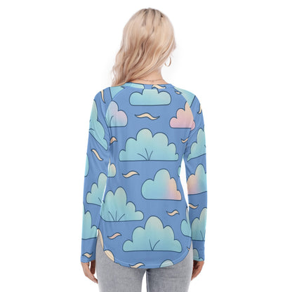 Women's Raglan Sleeves U-Shaped Hem Long Sleeves Blouse