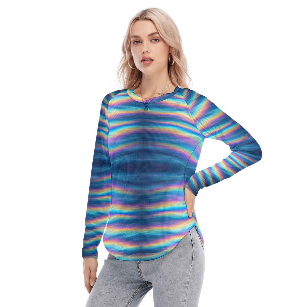 Women's Raglan Sleeves U-Shaped Hem Long Sleeves Blouse