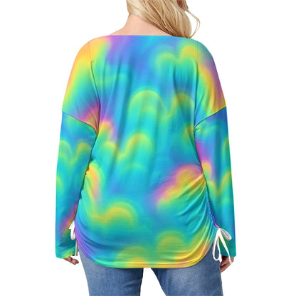 Unisex Women’s V-neck T-shirt With Side Drawstring(Plus Size)