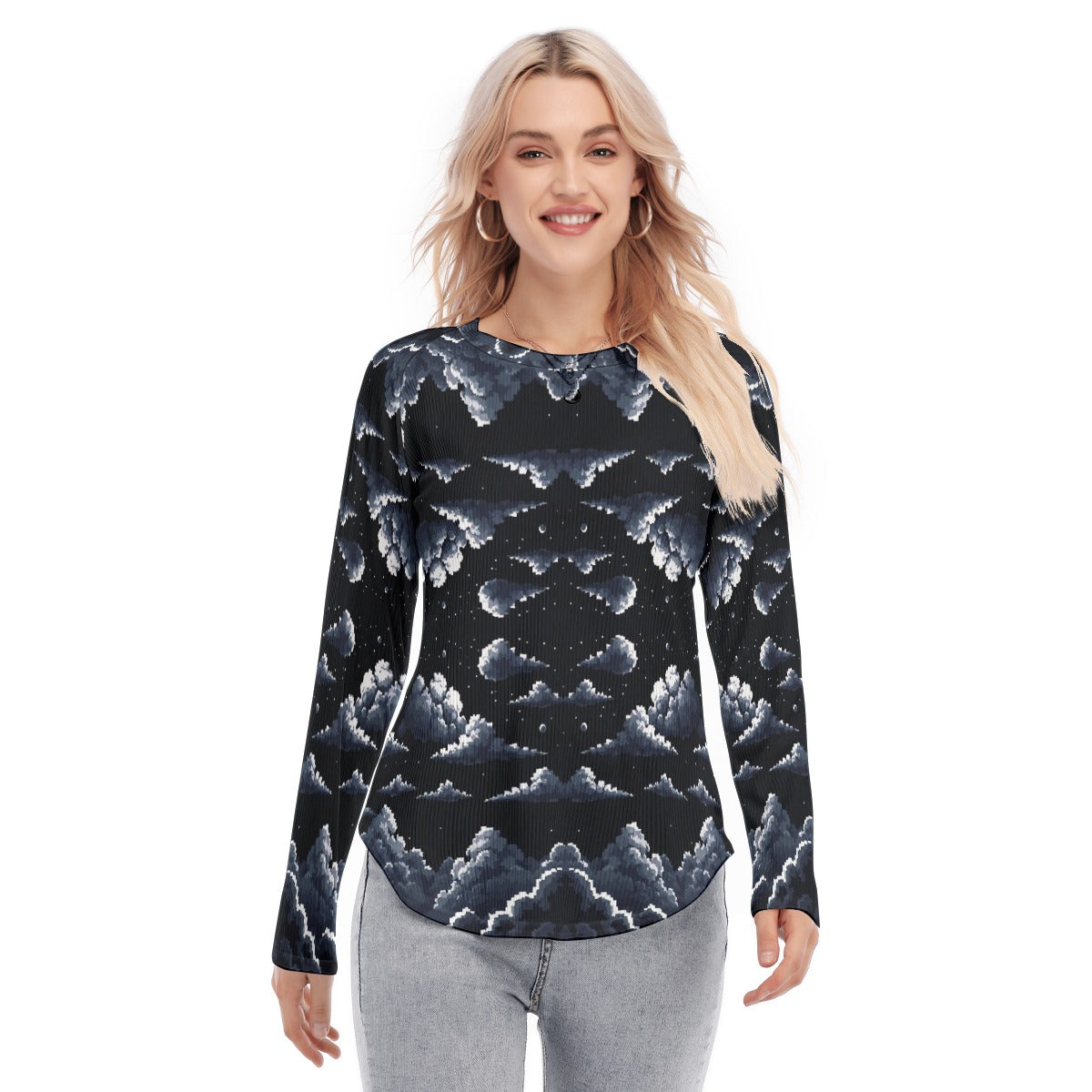 Women's Raglan Sleeves U-Shaped Hem Long Sleeves Blouse