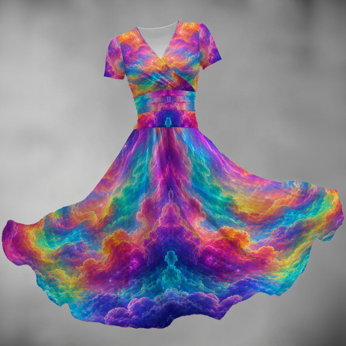 All-over Print Women's Short Sleeve V Neck Midi Dress