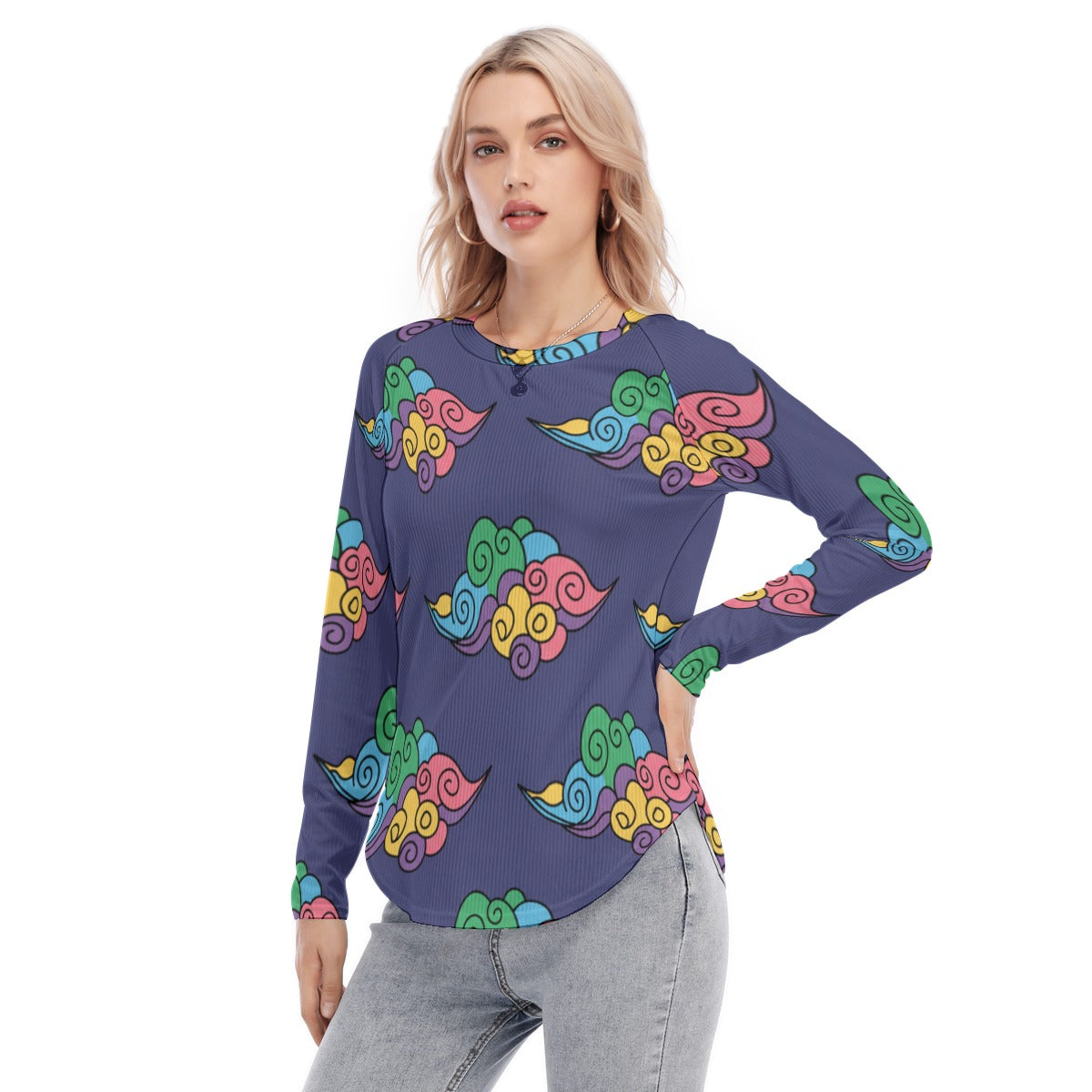 Women's Raglan Sleeves U-Shaped Hem Long Sleeves Blouse