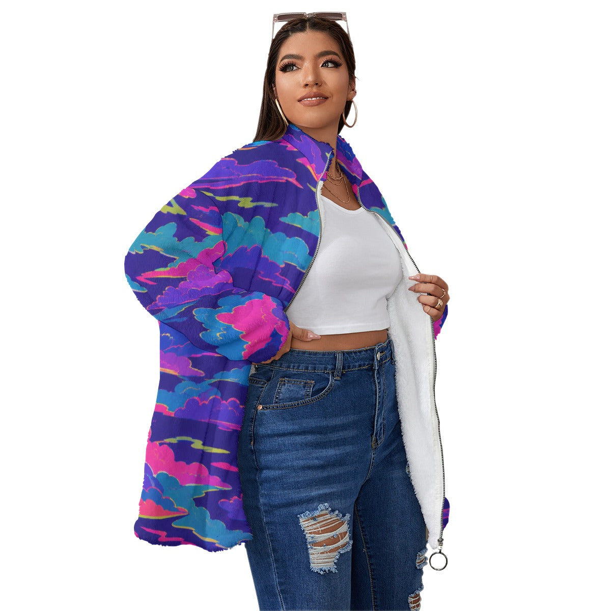 Unisex Borg Fleece Stand-up Collar Coat With Zipper Closure(Plus Size)